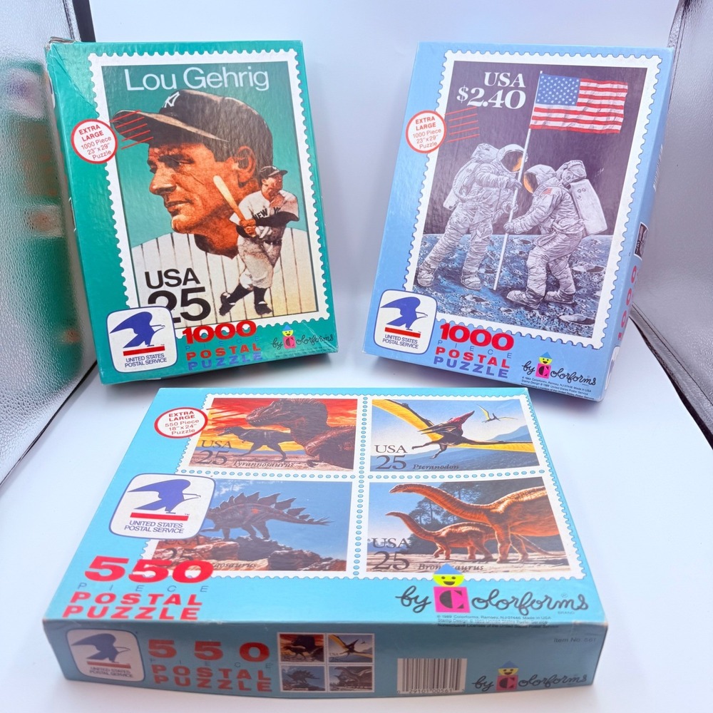 Vintage Colorforms USPS Postal Puzzles Lot Lou Gehrig Moon Landing Dinosaurs 3pc